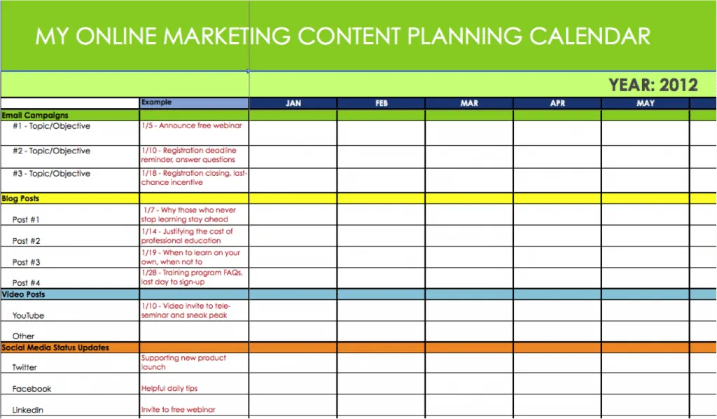 تقويم تخطيط محتوى التسويق عبر الإنترنت