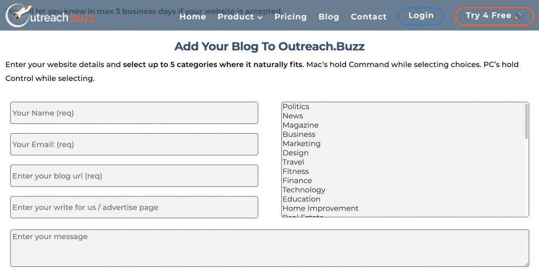 Add your Blog to Outreach.Buzz