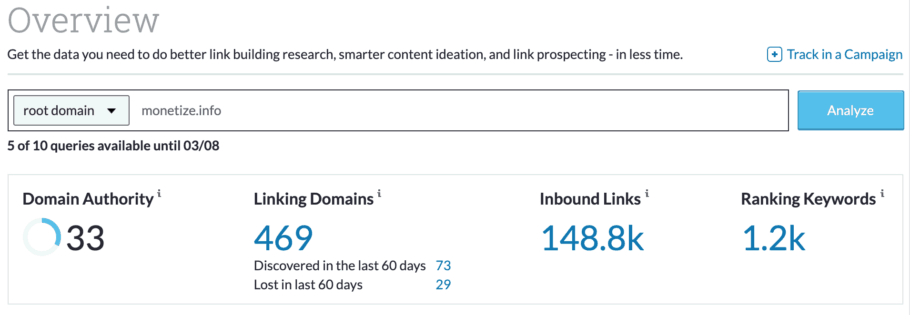 DomainAuthority (DA) of Monetize.info website