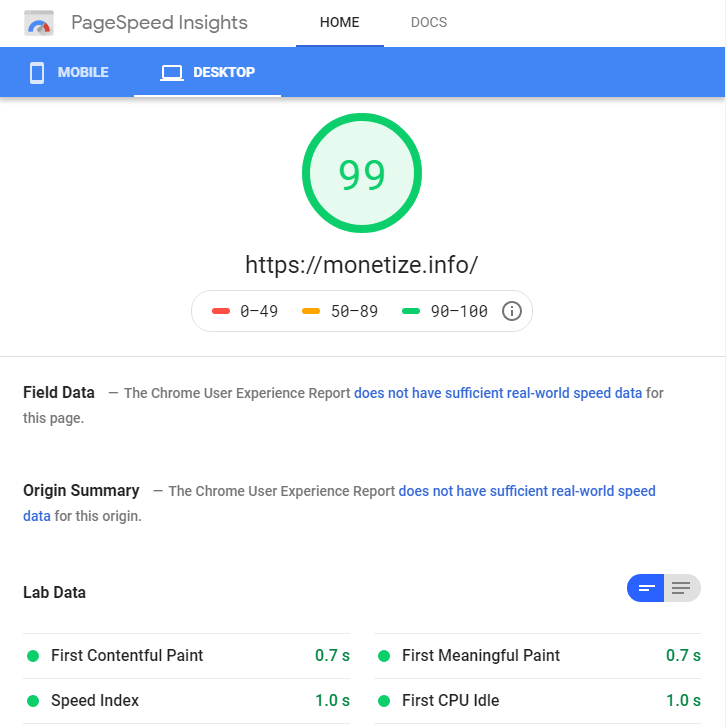 Google Page Speed Insights Results