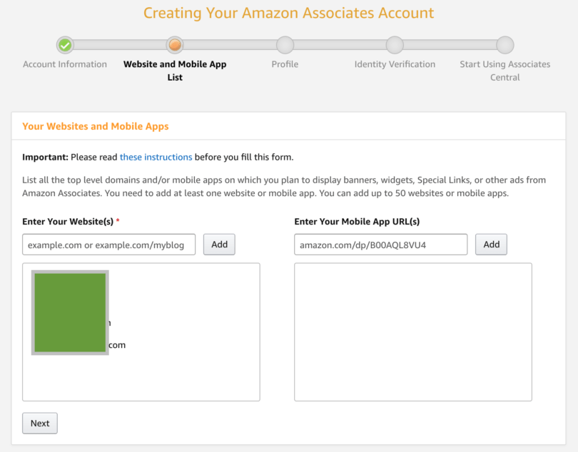 Amazon associates - Step 2: Website and apps list