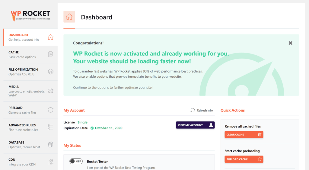 WP-Rocket Dashboard Overview