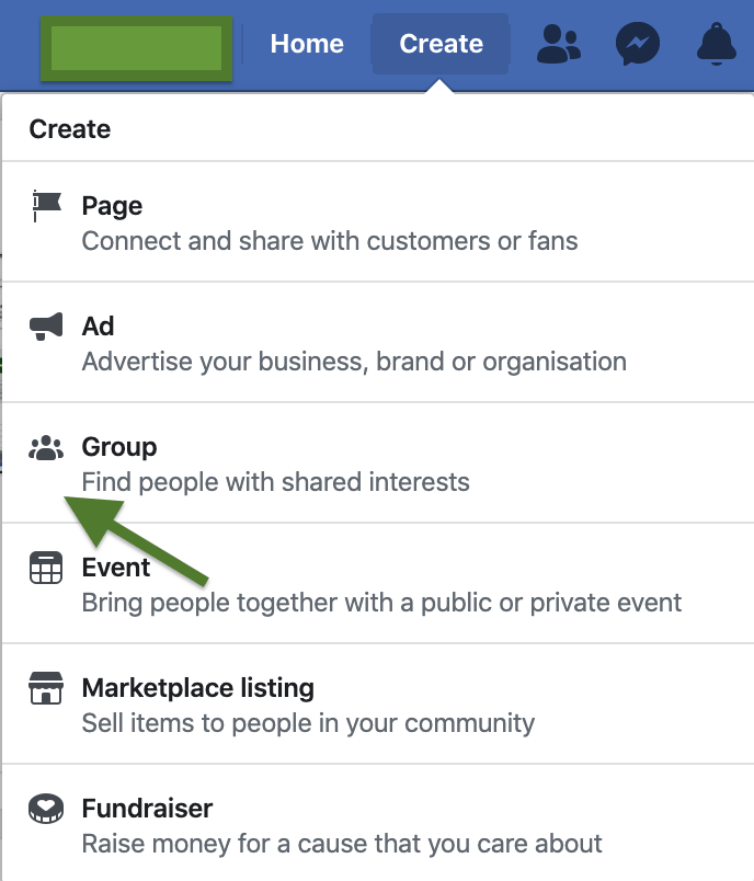 How to create a Facebook Group - Click Create and Select Group