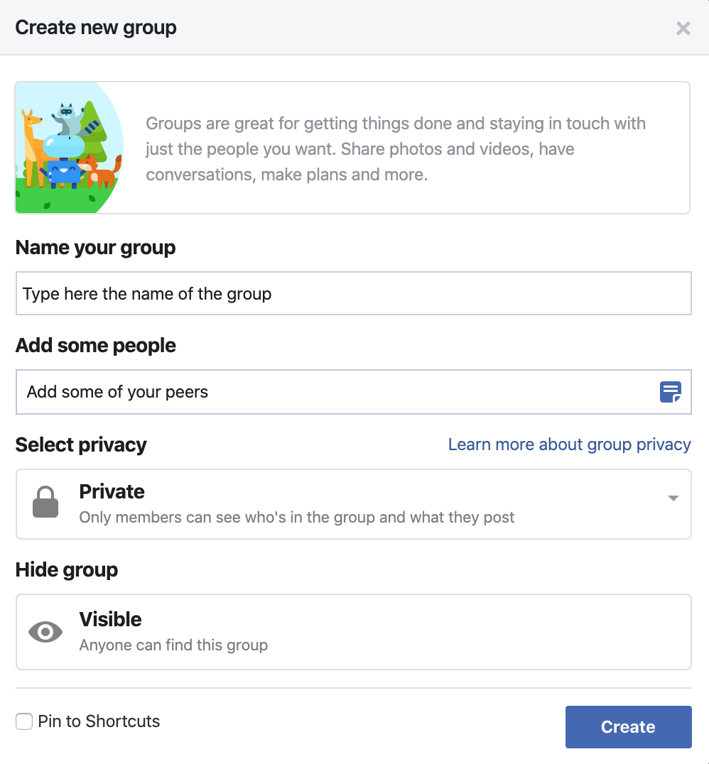 How to create a Facebook Group - Type Group Name and Select Privacy