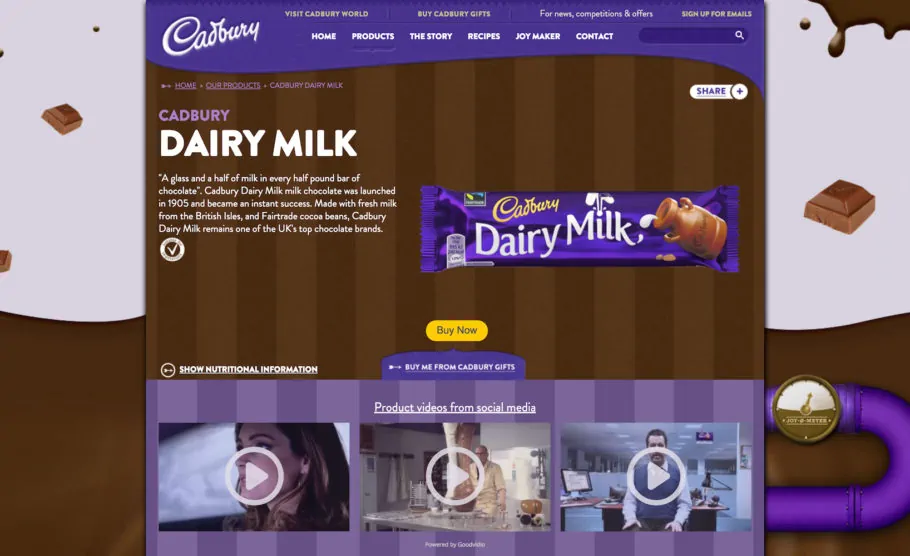 Highly engaging video gallery on a product page on Cadbury.co.uk