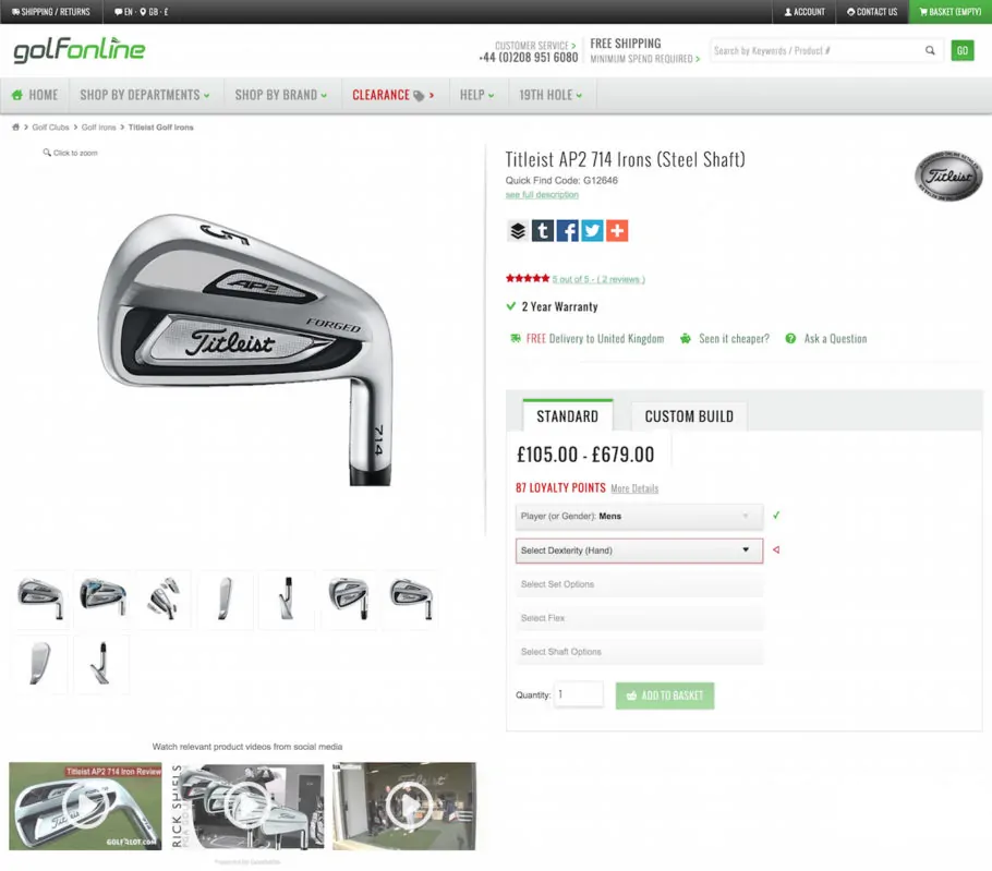 Curated video gallery with expert product reviews from social media on Golfonline.co.uk