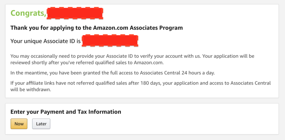 Amazon Associates Account Created