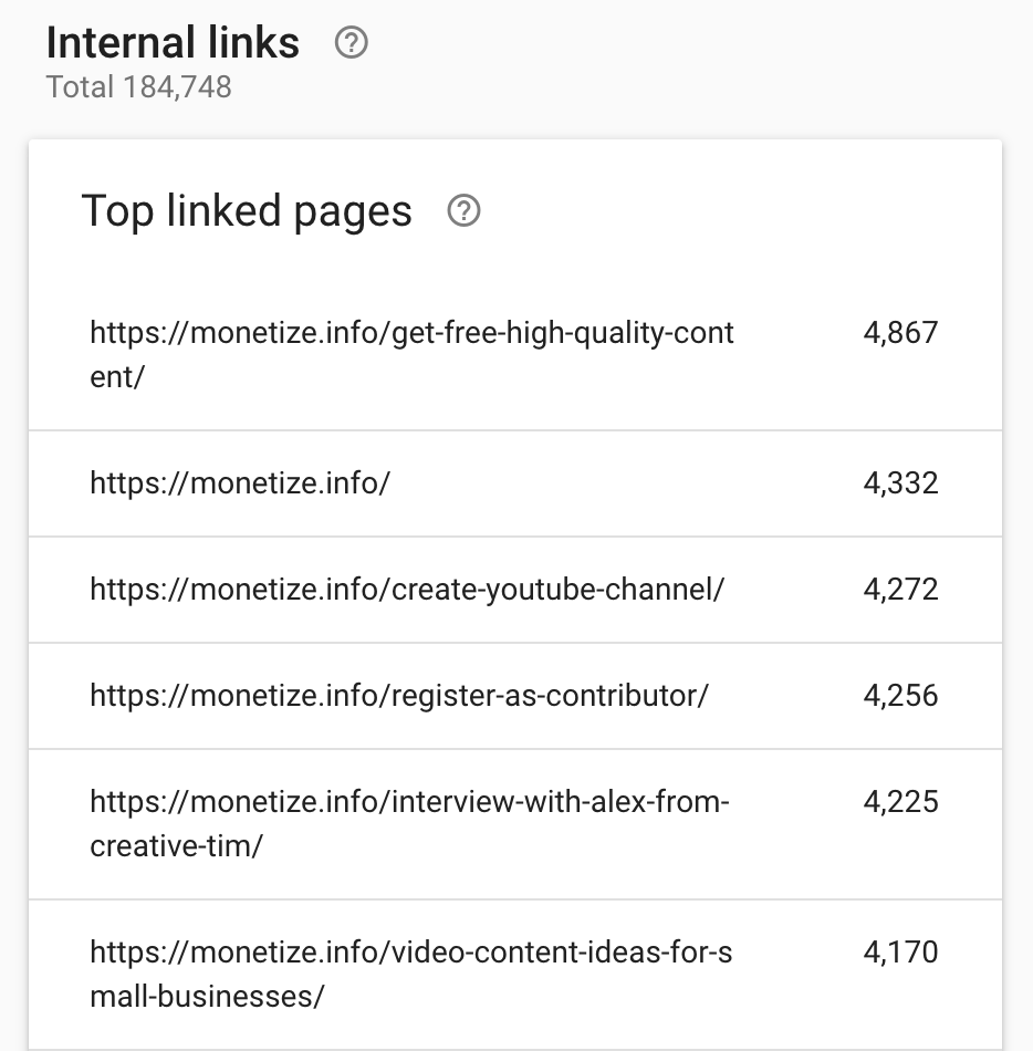 Internal links of Monetize.info report from Google Search Console