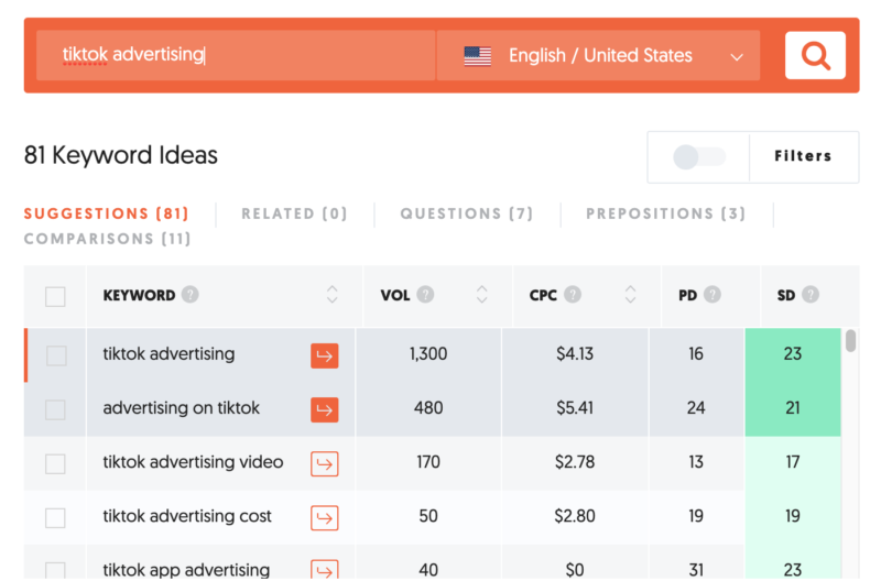 Getting keyword ideas and search volume in NeilPatel's app