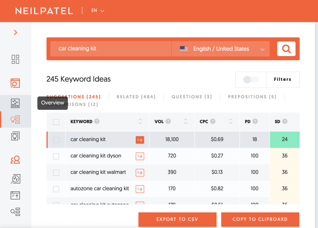 Neil Patel's app for Keyword Research