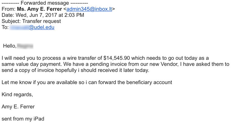 Wire transfer Fraud Example