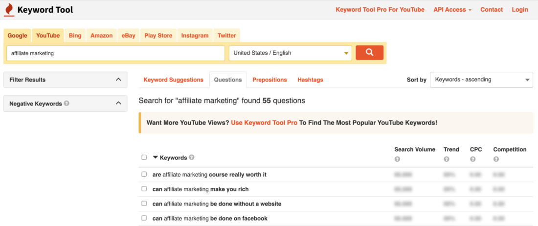 Keyword Research Questions for Youtube using KeywordTool.io