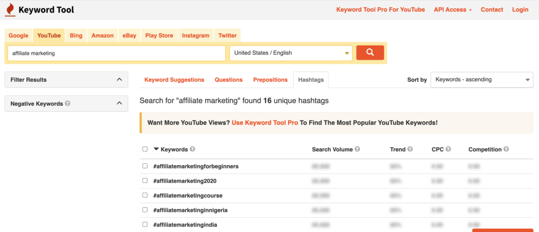 Keyword Research (Hashtags) for Youtube using KeywordTool.io