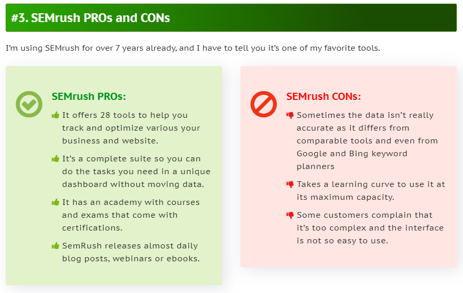 SEMrush PROs and CONs - Affiliate Product Review Example