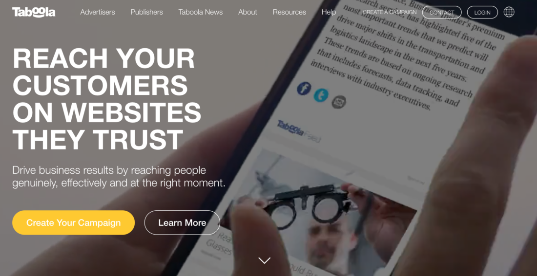 Homepage screenshot of Taboola Native Advertising Platform
