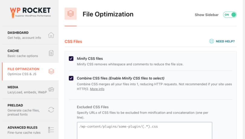 WPRocket File Optimization Tab