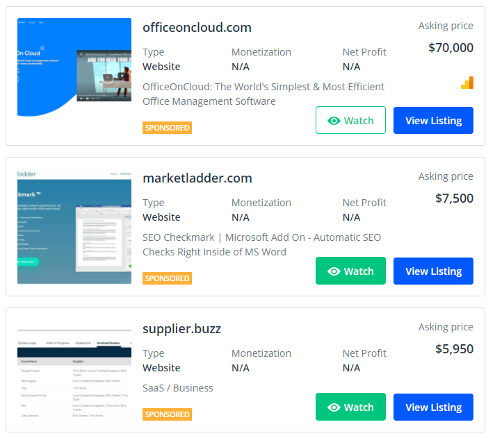 Examples of Saas websites being sold