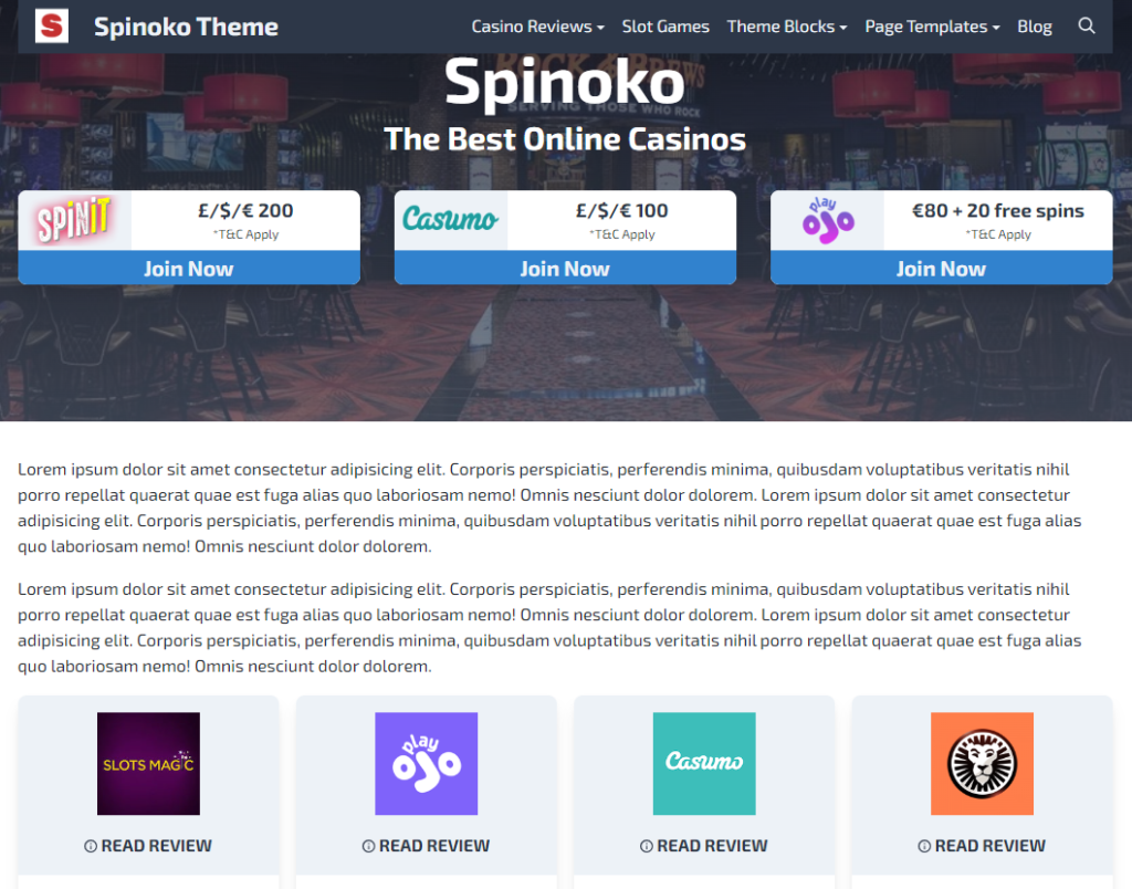 Spinoko Casino Affiliate WordPress Theme