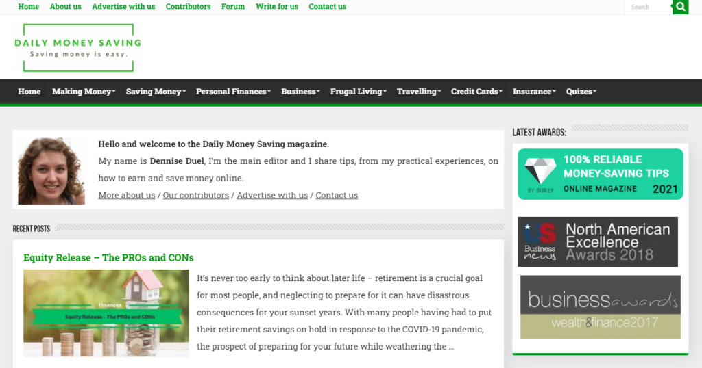 Screenshot of Daily Money Saving, a blog that makes money with affiliate marketing