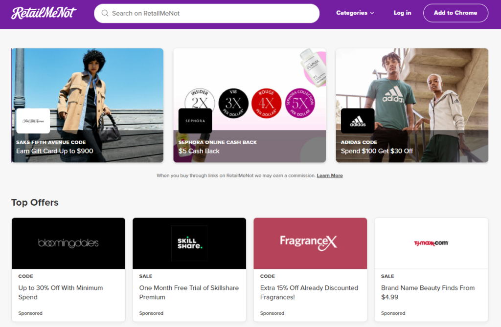 Screenshot of RetailMeNot, a deals and coupons website making money with affiliate marketing