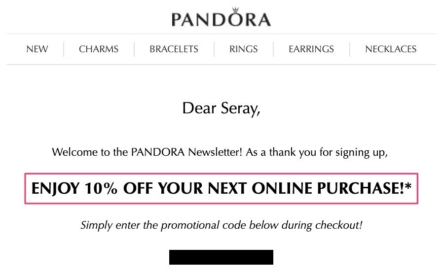 Welcome Email Example - Pandora Store