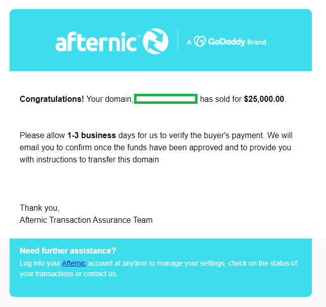 Notice of a domain name sold through afternic