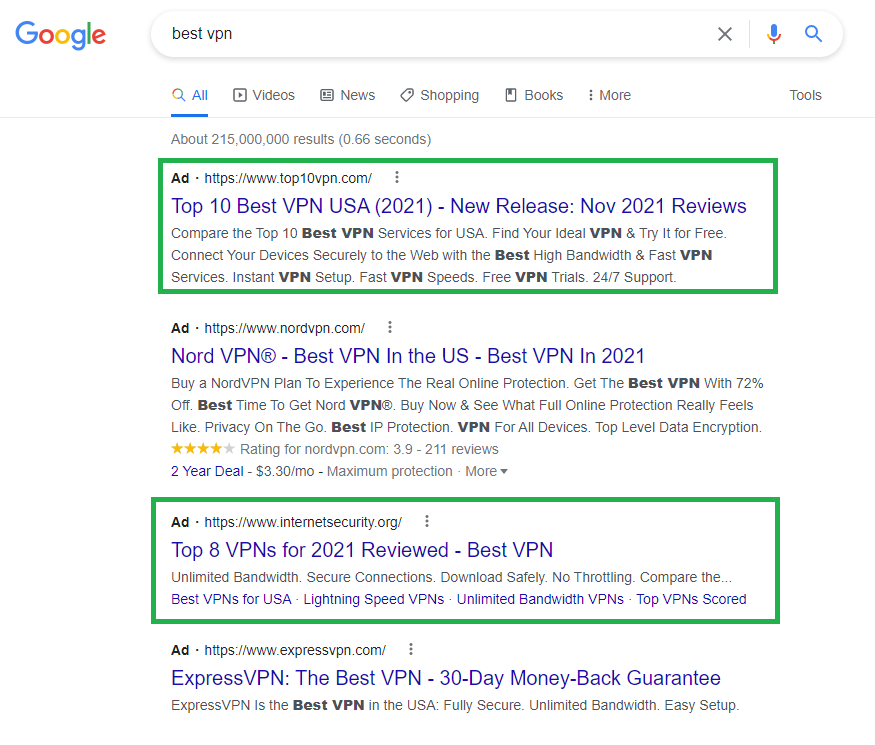 Examples of affiliate marketers doing PPC ads on term: best vpn