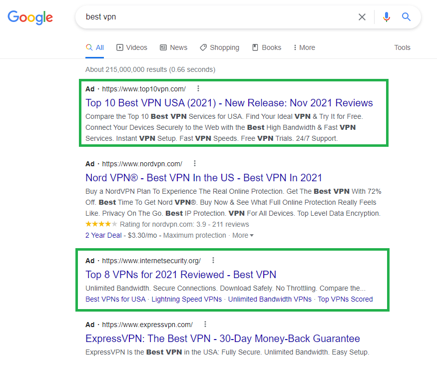 Examples of affiliate marketers doing PPC ads on term: best vpn