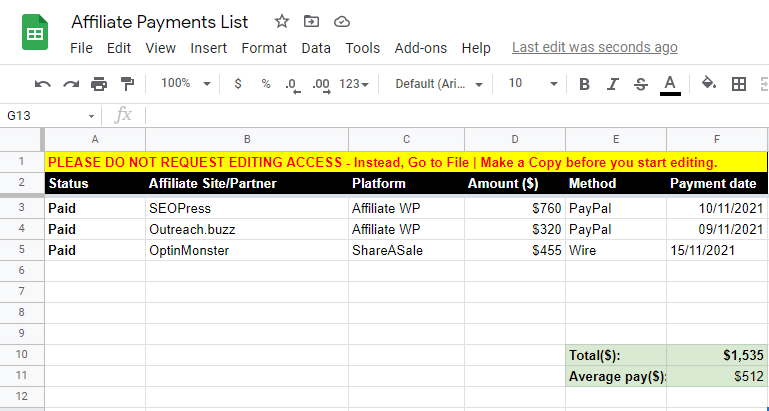 Affiliate Payments List Spreadsheet