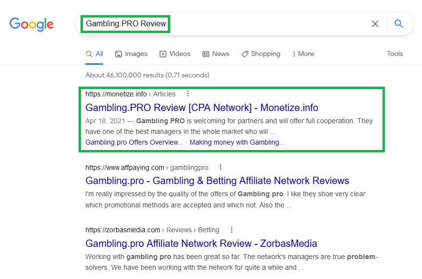 Gambling.PRO review on Monetize.info ranks the 1st in Google
