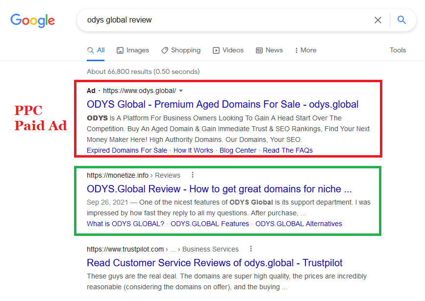 ODYS.Global review ranks the 1st in Google, right after a paid PPC ad