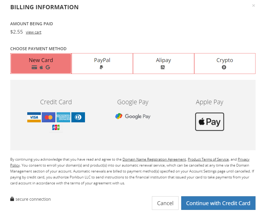 Billing options of PorkBun