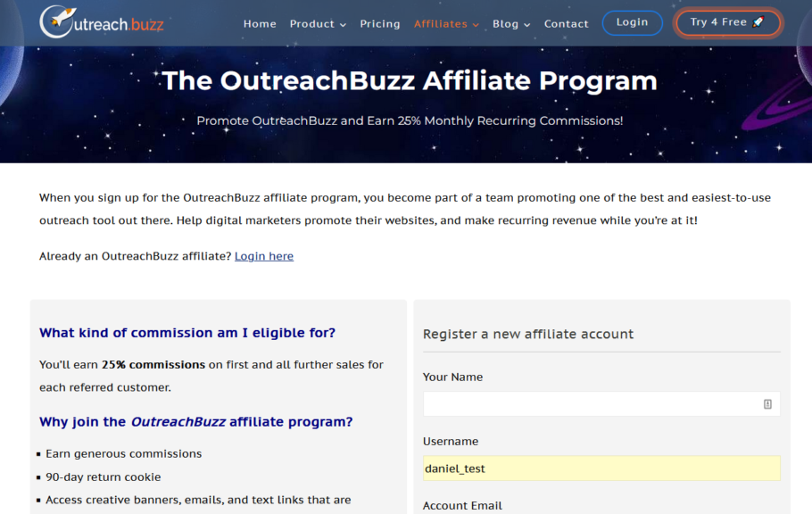 La página del programa de afiliados de OutreachBuzz