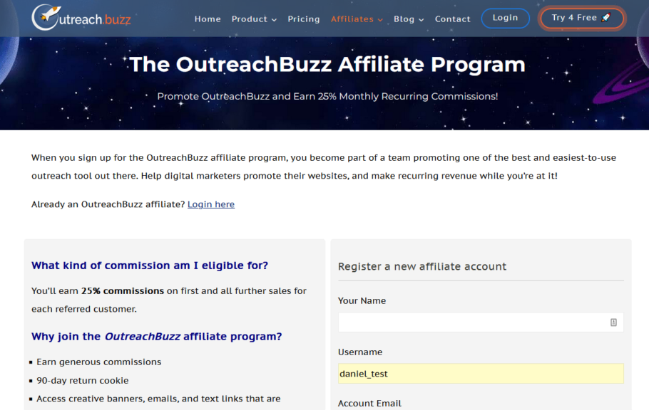 The affiliate program page of OutreachBuzz