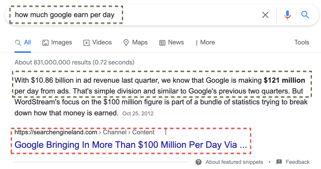 Example of a featured snippet on a Google search page