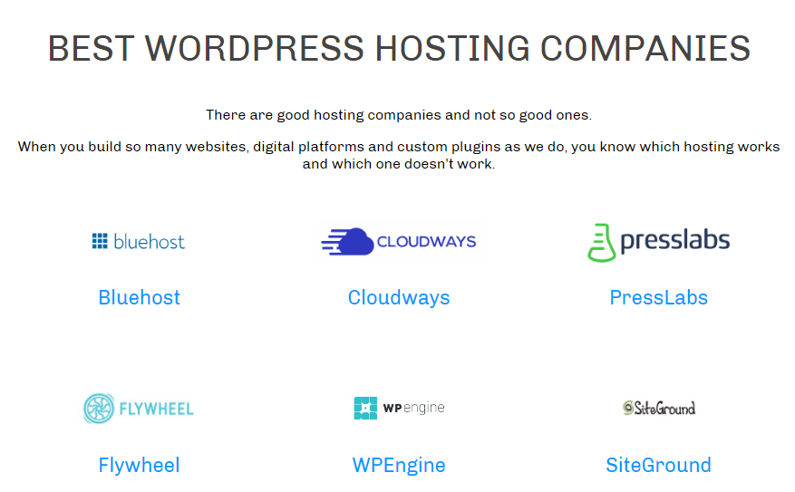 Parters Page Example - WordPress Hosting Companies