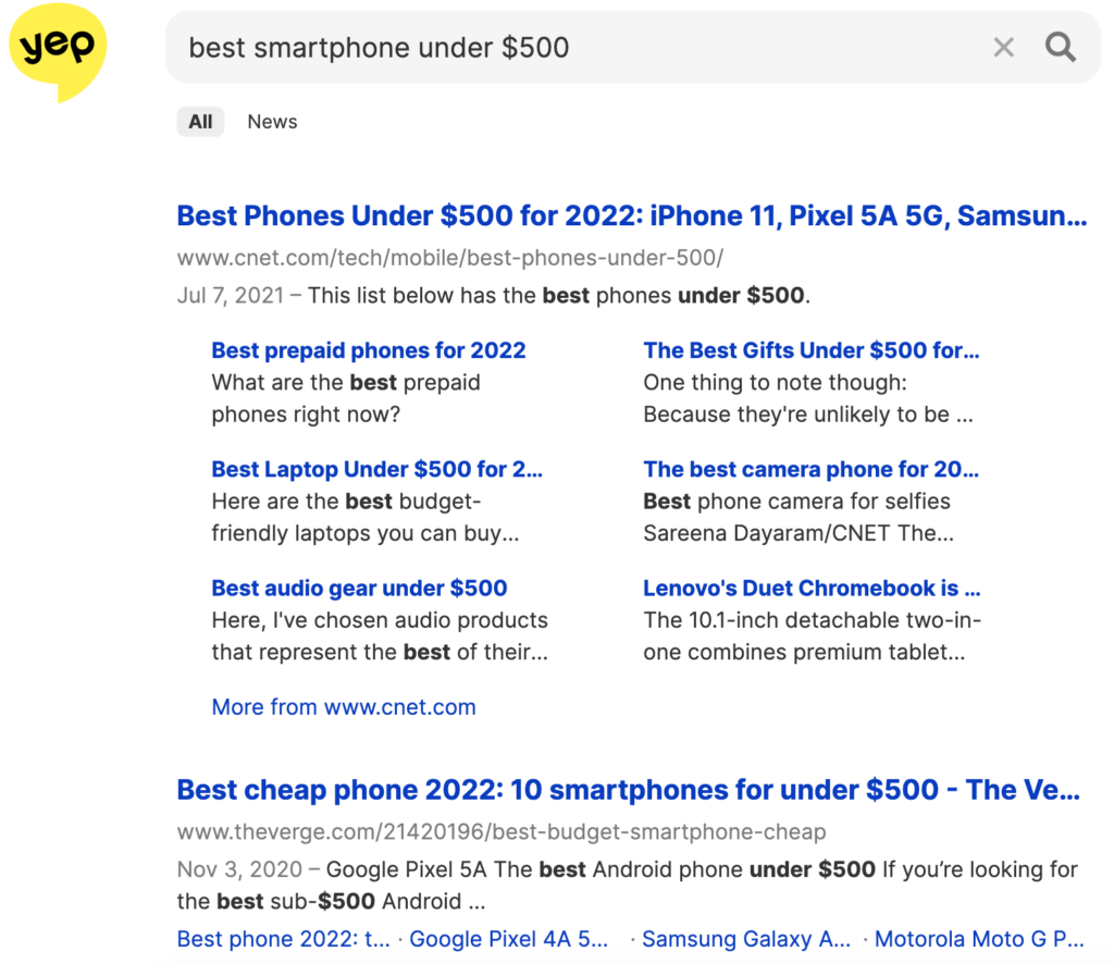 Search results page for "best smartphone under $500" on Yep