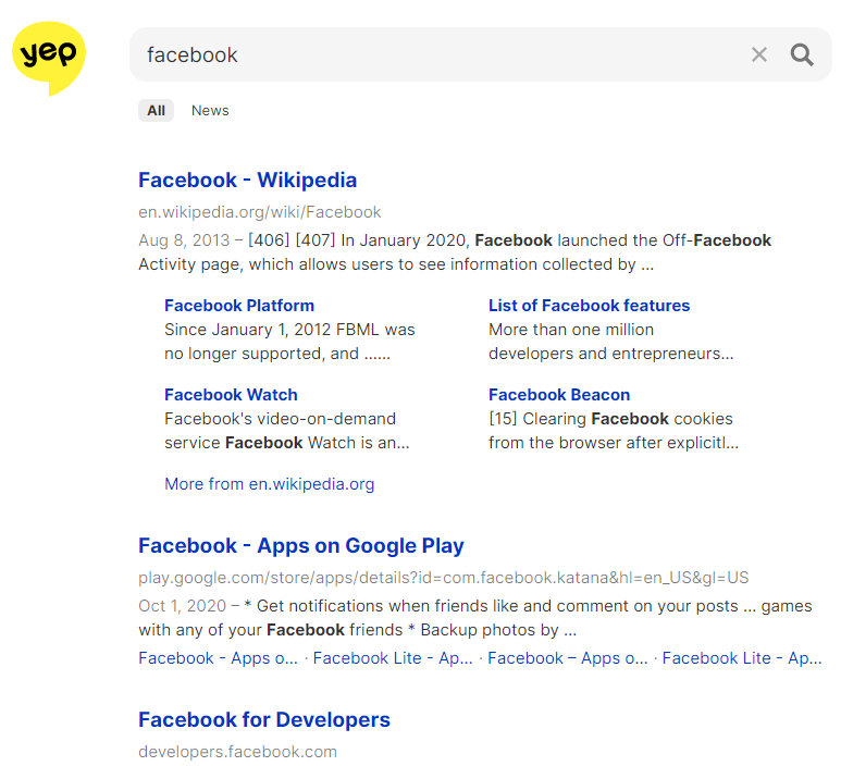 Search results page for "Facebook" on Yep