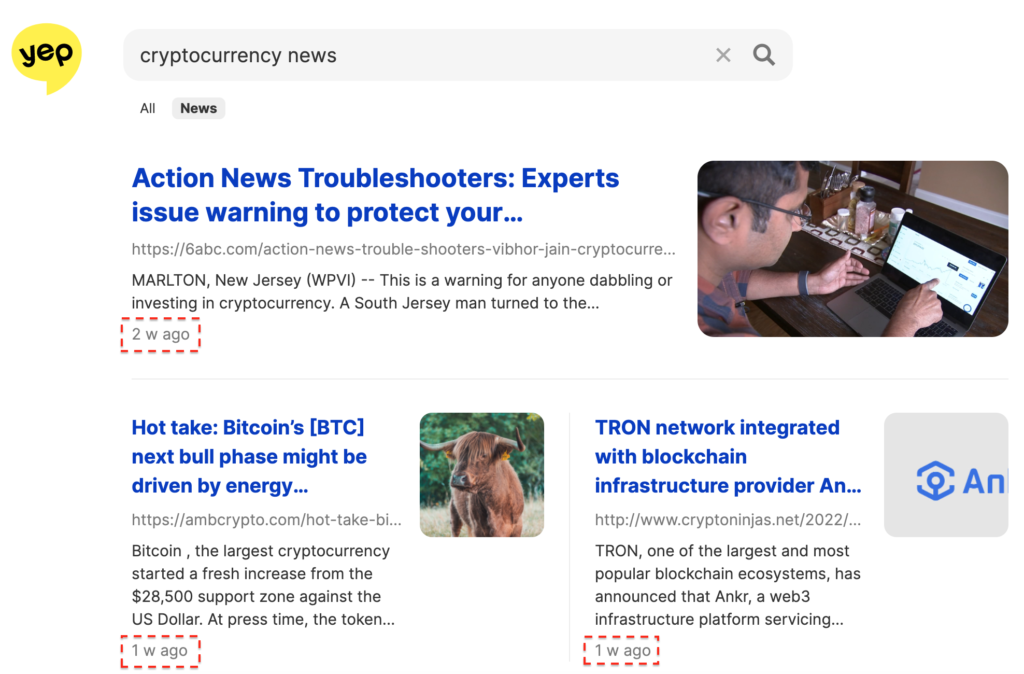 Search results page for "cryptocurrency news" on Yep