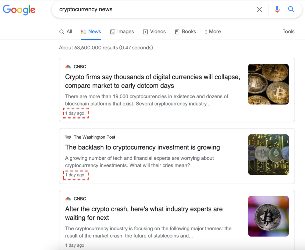 Search results page for "cryptocurrency news" on Google