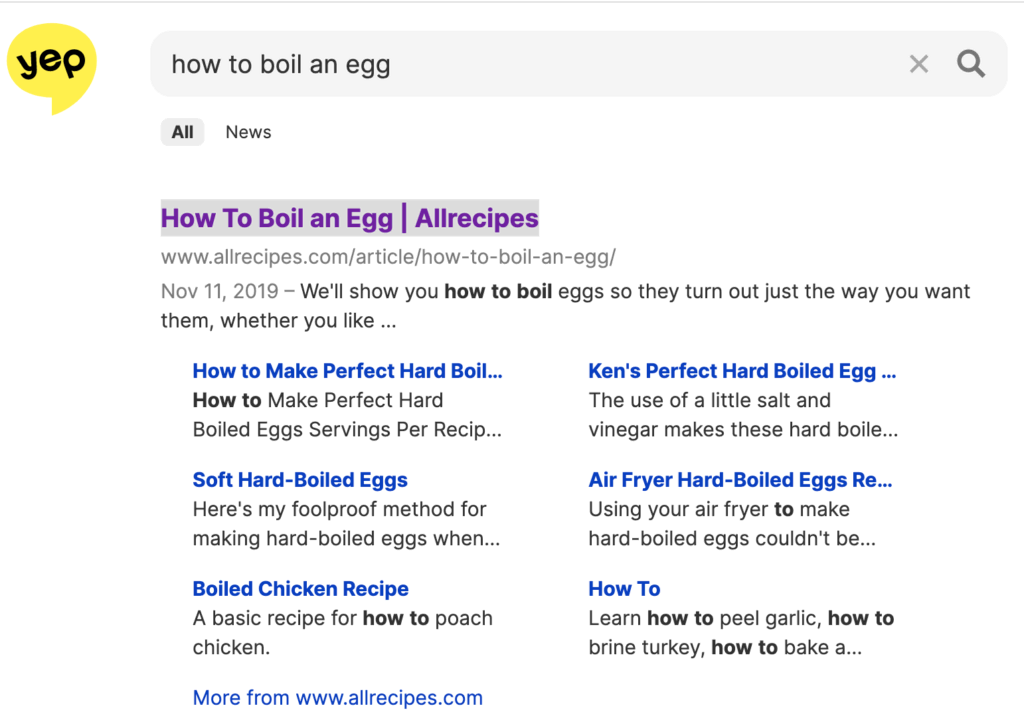 Search results page for "how to boil an egg" on Yep