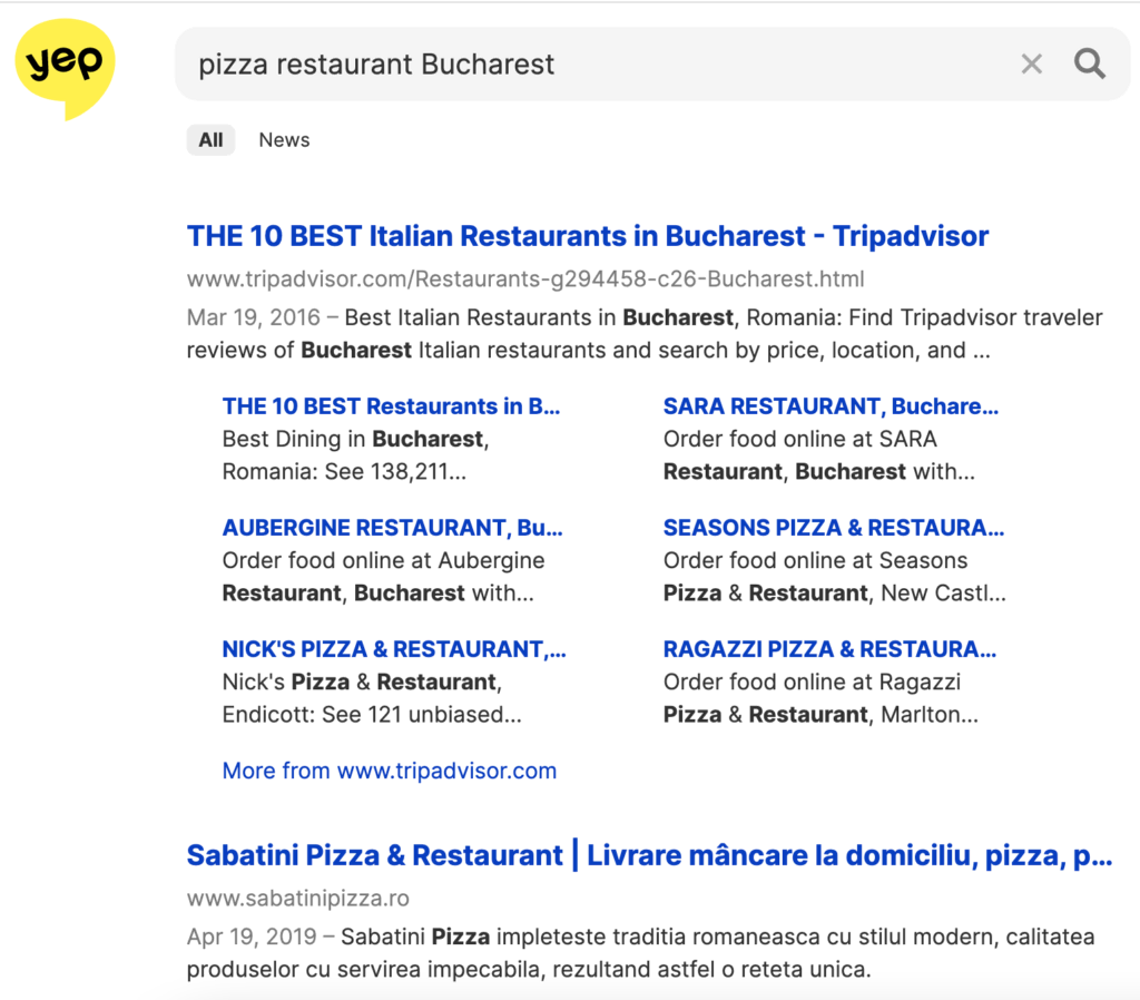 Search results page for "pizza restaurant Bucharest" on Yep