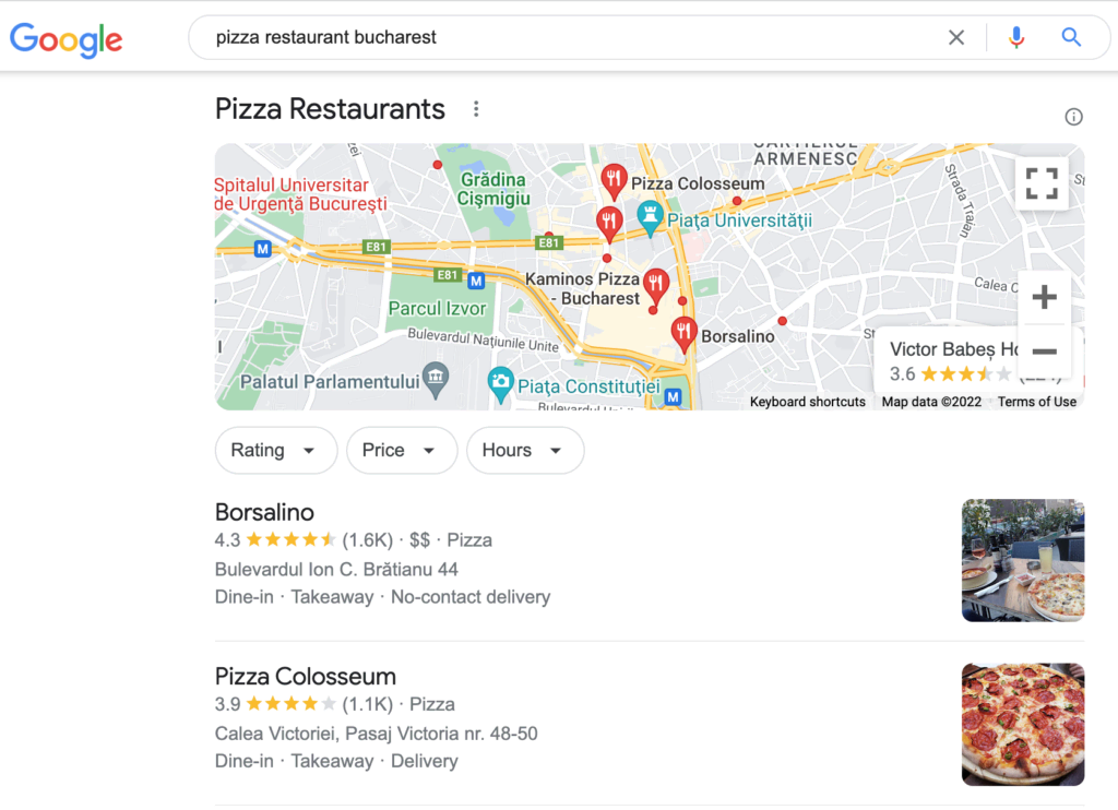 Search results page for "pizza restaurant Bucharest" on Google