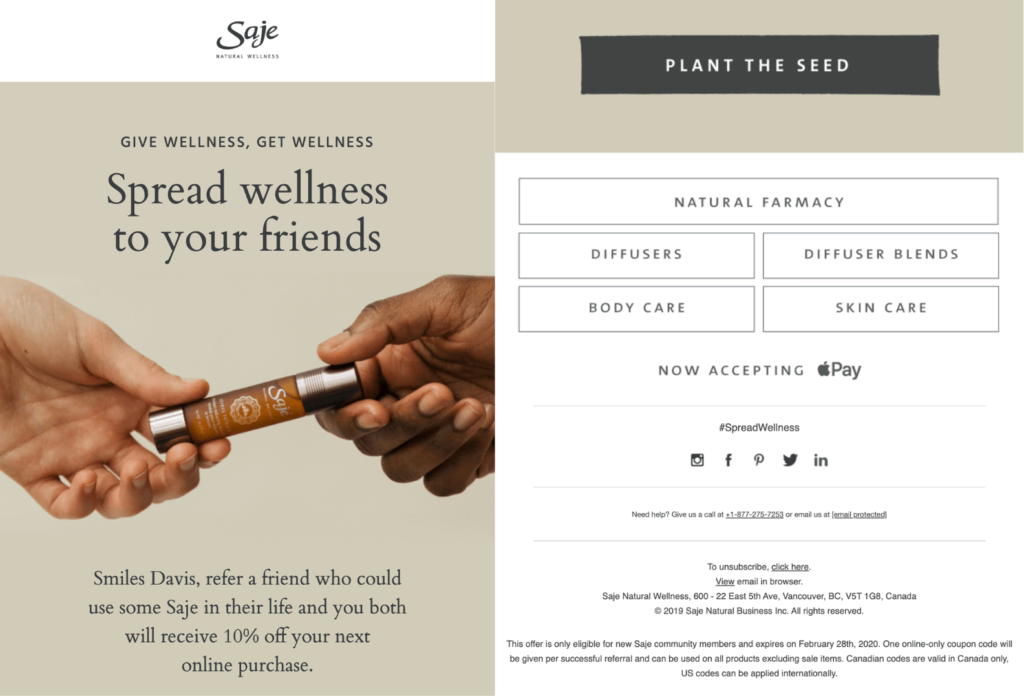 Um e-mail da Saje Natural Wellness com uma oferta de desconto e links para categorias de sites