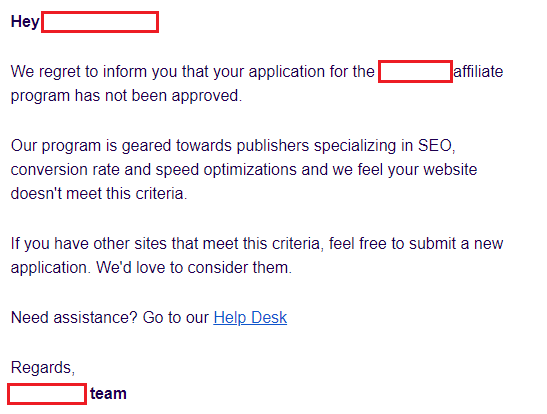 Affiliate Program Rejection Letter