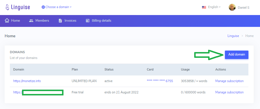 Linguise Dashboard - Add your domain(s)