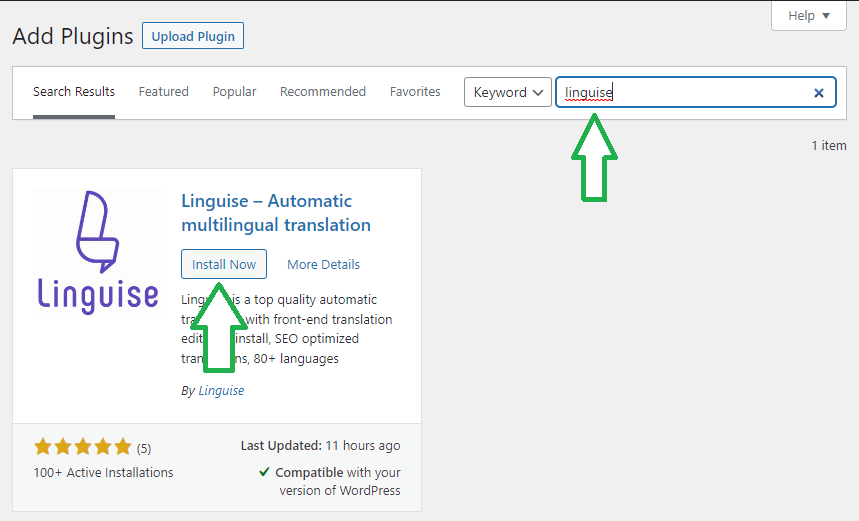 Add the Linguise plugin in WordPress