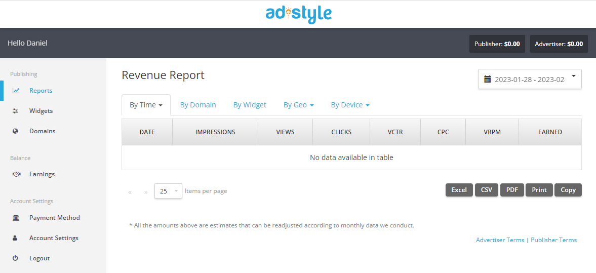 AdStyle Dashboard for Publishers