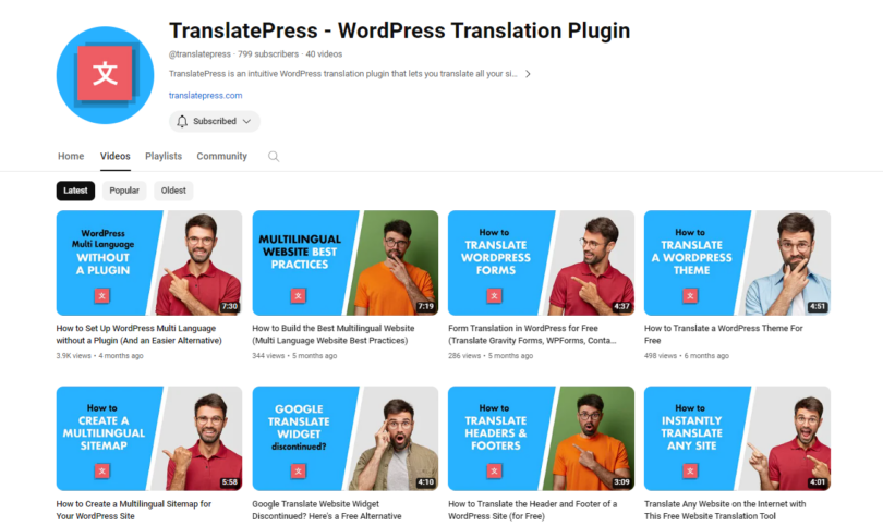 Screenshot of the YouTube Channel of TranslatePress