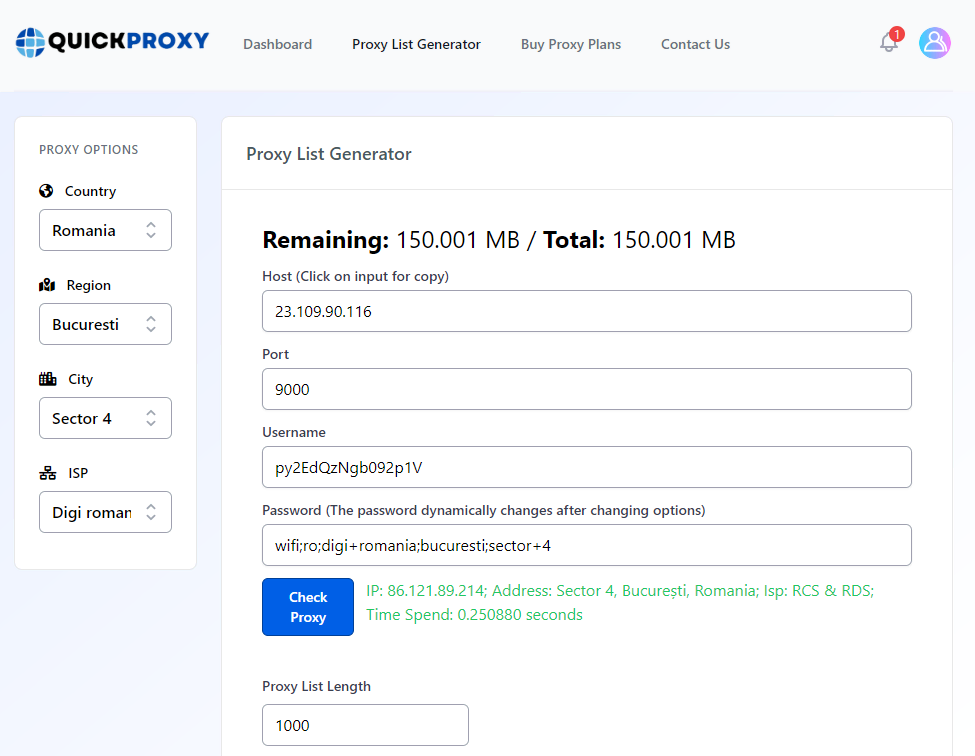 The dashboard of QuickProxy